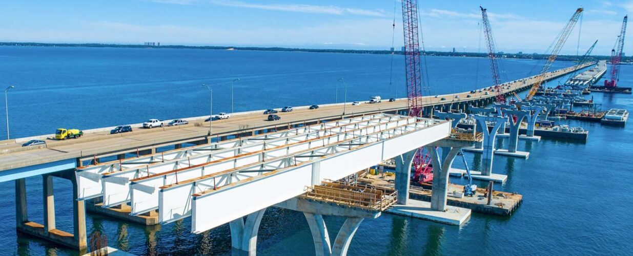 Pensacola Bay Bridge under construction above water