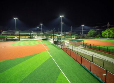lighted baseball fields at night at Majestic Park