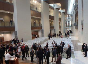 San Antonio Federal Courthouse interior with people assembling for event