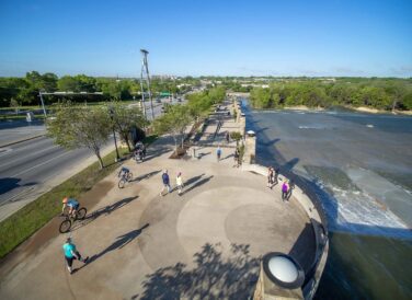 aerial view of White Rock Lake trail with people outside