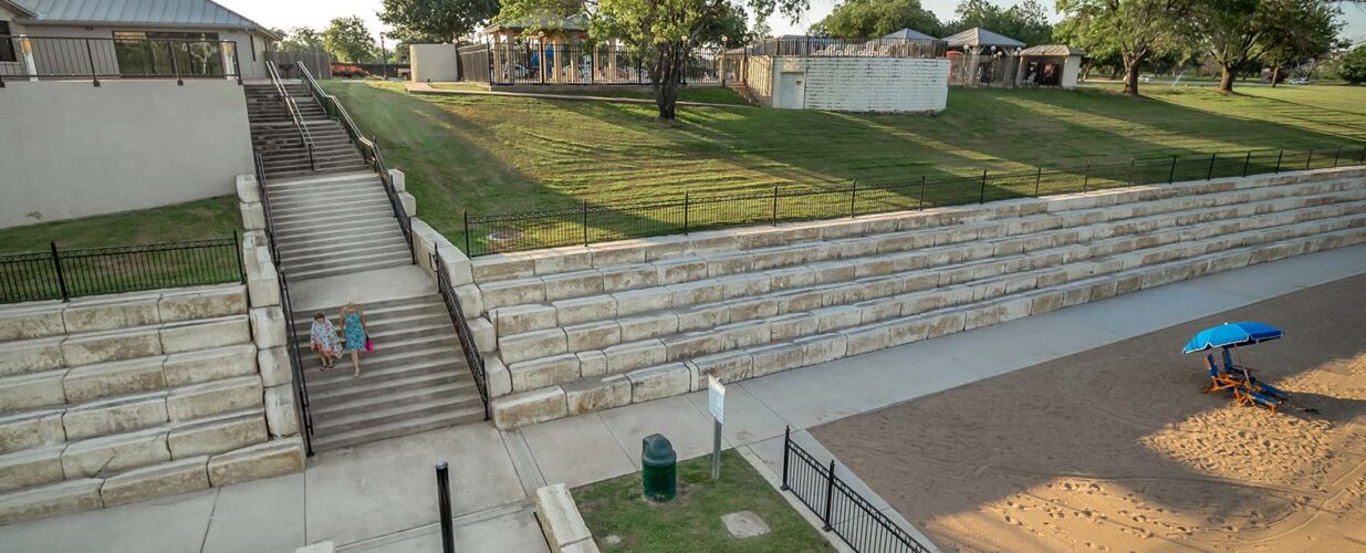 park and stairway view from above of Marble Falls park