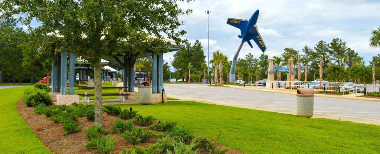 I-10 Stateline Gateway Welcome Center with blue airplane