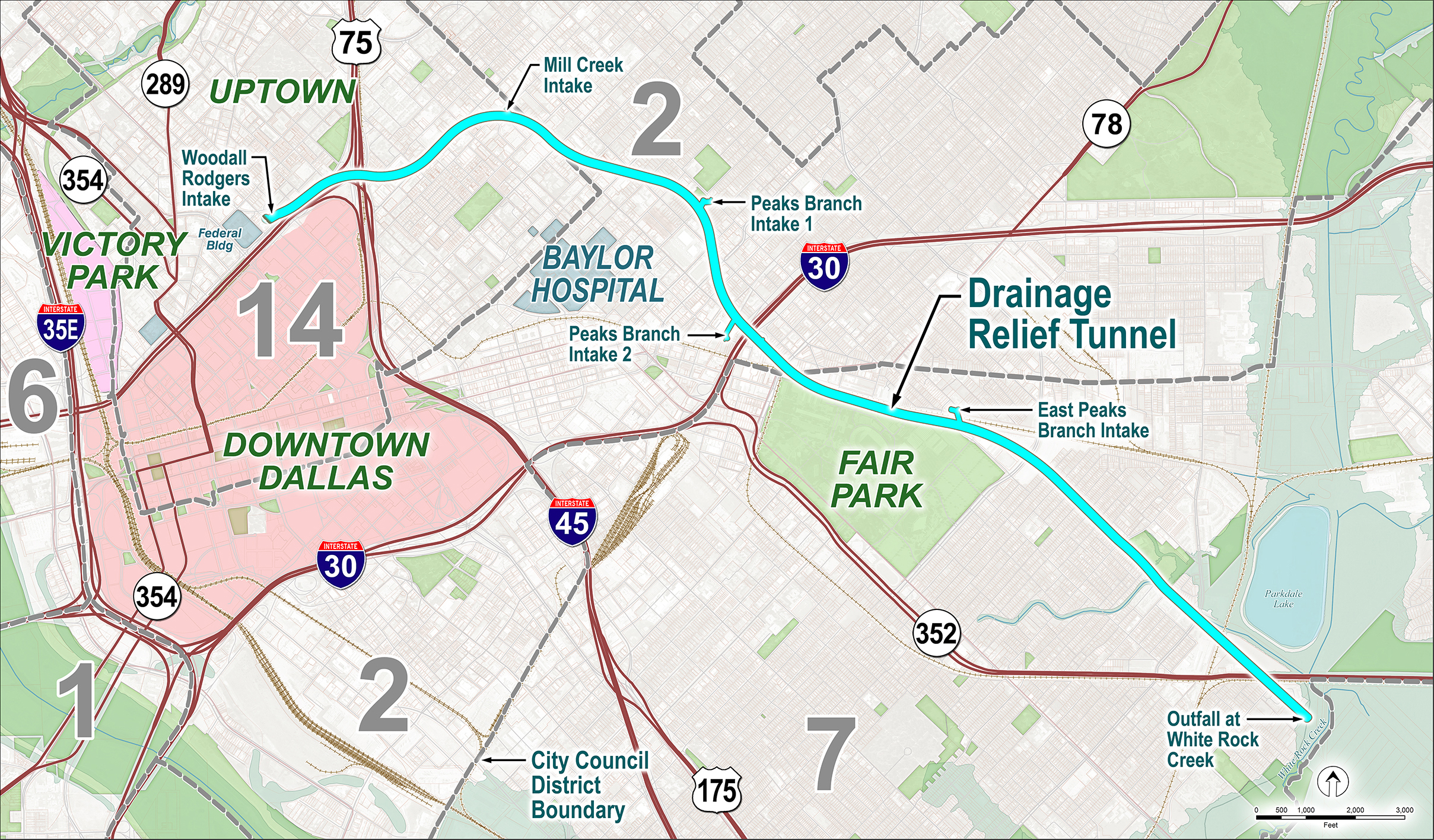 map of Dallas Mill Creek Drainage Relief tunnel