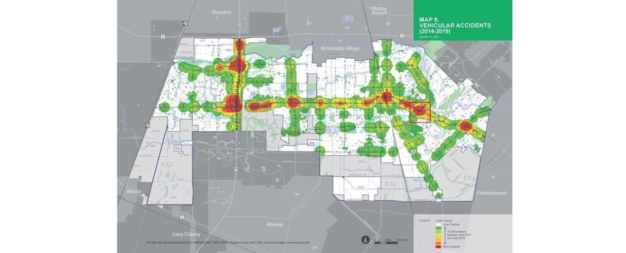 map 9 vehicular accidents of Pearland 2014-2019