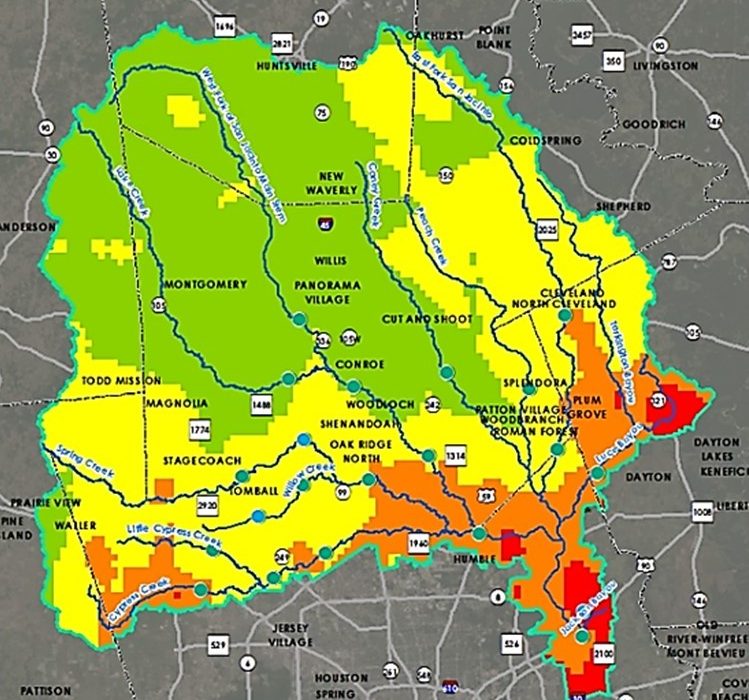 drainage map of San Jacinto region inlcuding counties, watersheds, lakes, and streams