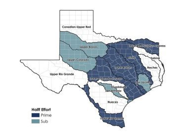 Texas state map of Halff's efforts in prime and sub