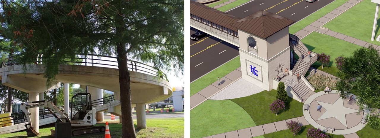 Spiral ramp and updated stairway design comparison at Kilgore College Pedestrian Bridge.