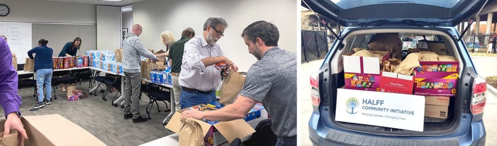 Halff Richardson employees packing SoupMobile brown snack bags for families.
