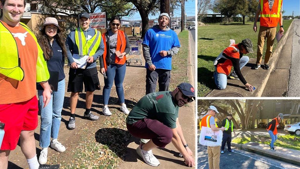 Collage of Halff employees marking storm drains for creek drains for Austin Watershed Protection Department