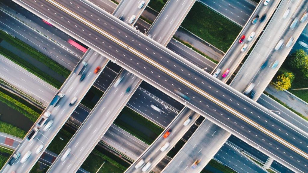 Highways and interchange roads crossing aerial view