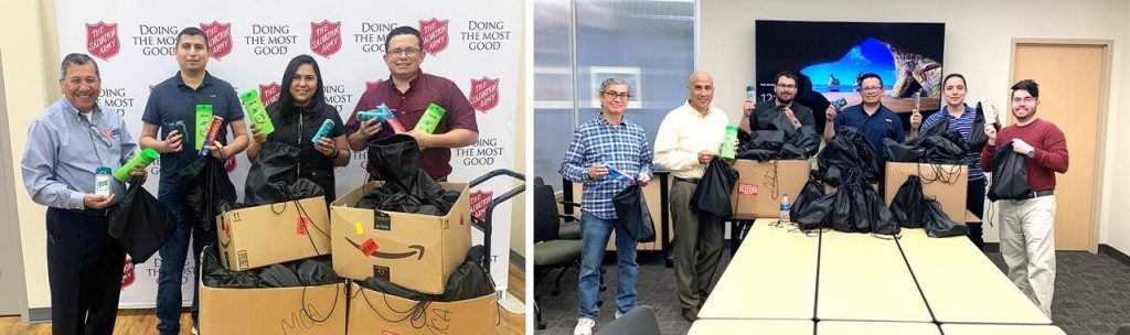 McAllen employees packing and delivering hygiene kits for Salvation Army