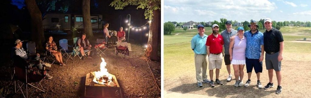 Halff Arkansas employees sitting around a campfire and golfing together