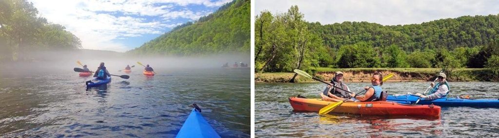 Arkansas Halff employees kayaking down the White River at Bull Shoals, Arkansas