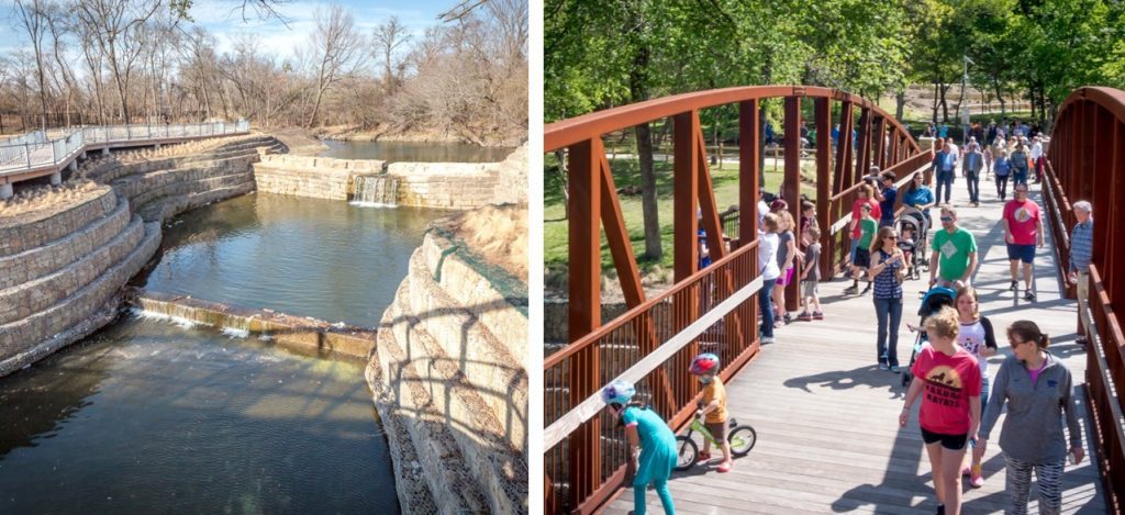 old dam and trail bridge at Allen Water Station Park, Texas