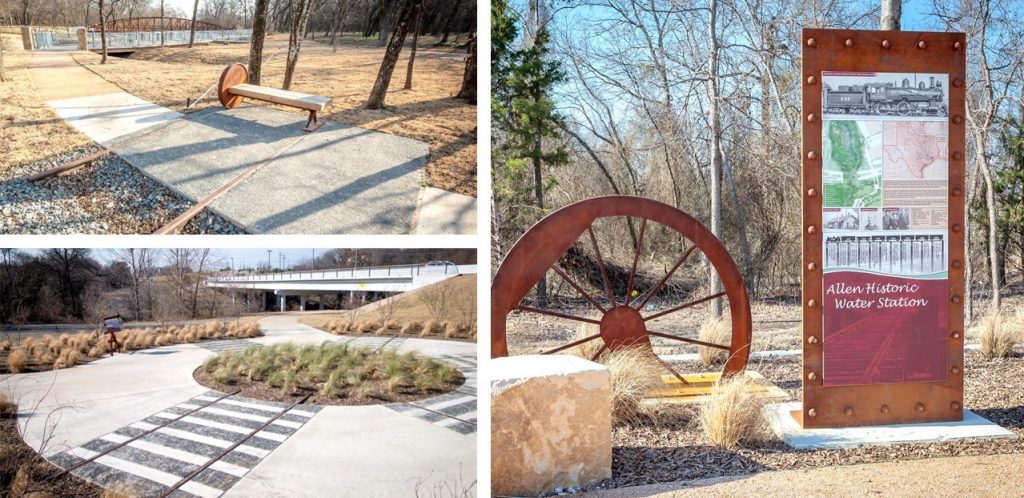 park benches, signs and historical landmarks at Allen Historic Water Station Park, Texas