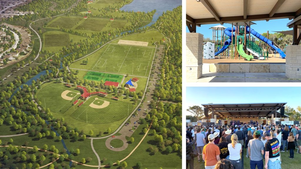 collage of master plan, playground and crowd at Lakeline Park, Texas