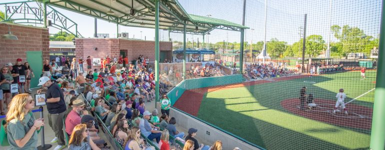 Majestic Baseball Park fans watching a baseball game in stands at Arkansas