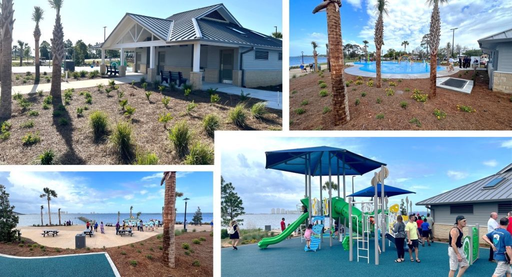 collage of playground, waterplay features and sidewalks at Navarre beach Bayside Park, Florida