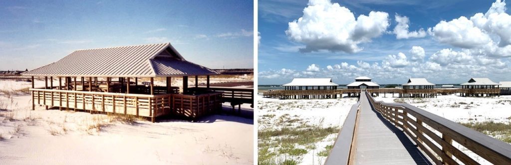 collage of shade structure and beach bridge at Navarre Beach State Park