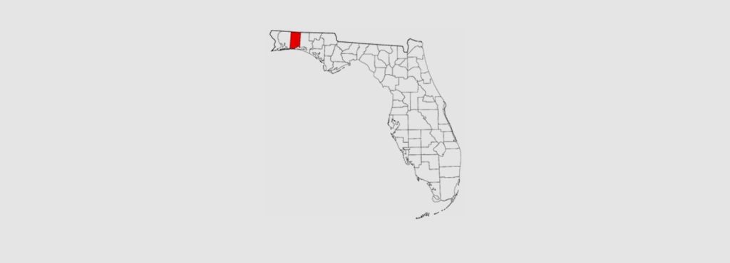 map of Okaloosa County highlighted red on a map of the state of Florida