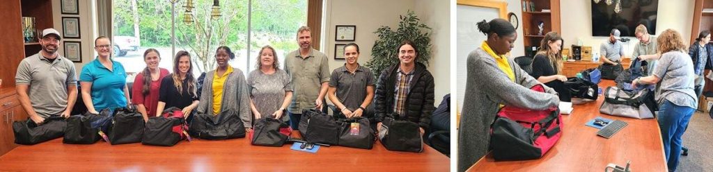 Halff Tavares office packing hygiene kits for Forward Paths organization