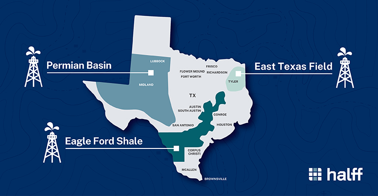Map of the Permian Basin, Eagle Ford Shale and East Texas Oil fields on a Texas map Halff