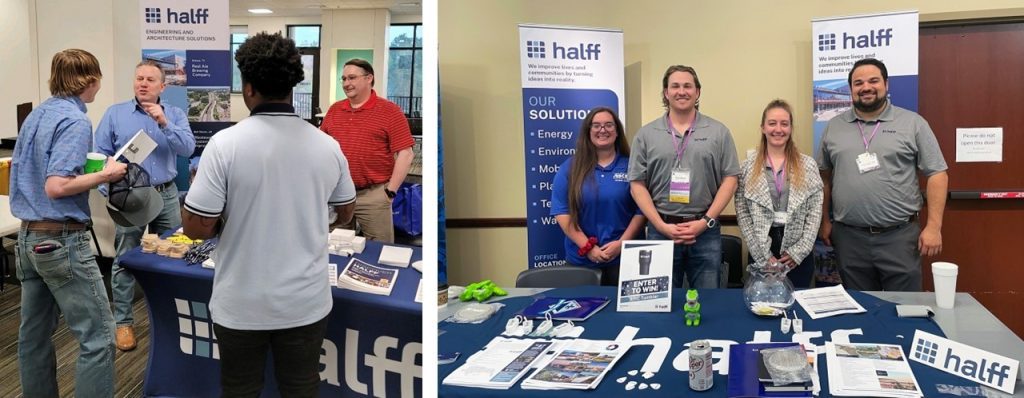 Collage of Halff recruiters at booth during career fairs with students